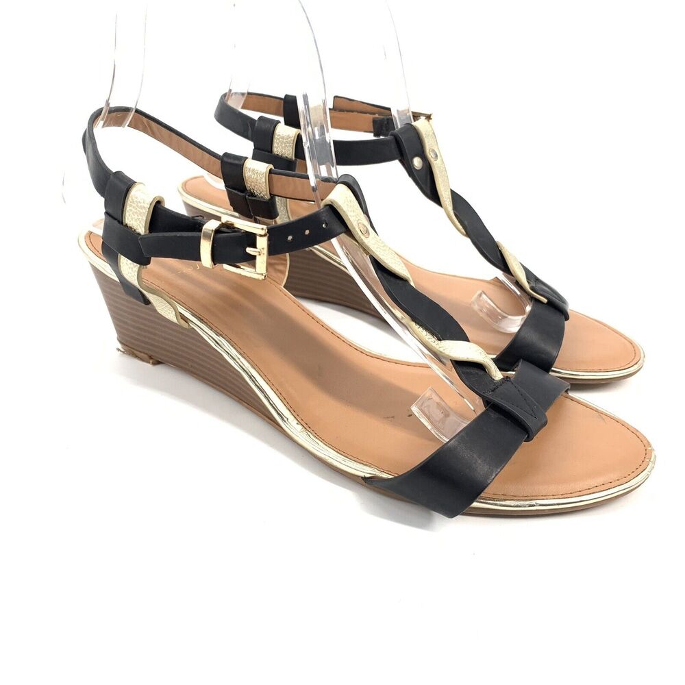 Alexis Leroy Strappy Open Toe Wedge Sandals Size 39 Womens Black Metallic Gold